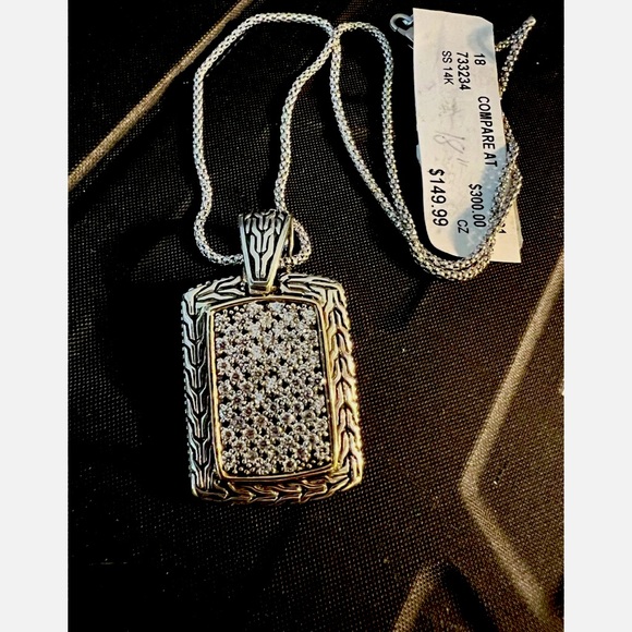 Unisex Dog Tag 14K Gold & Sterling Silver Pendant Necklace CZ’s NWT - Picture 1 of 8